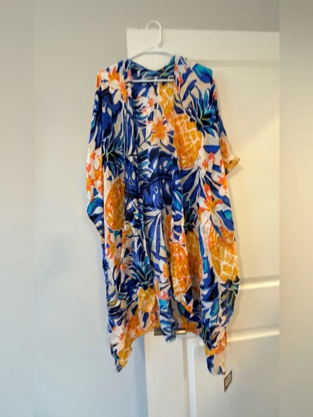 Tropical Pineapple Print Kimono Cover-Up - Blue & Yellow